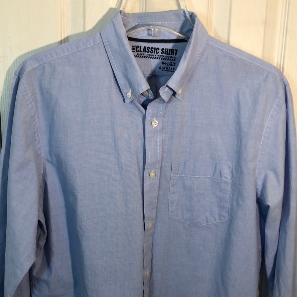 OLD NAVY The CLASSIC SHIRT Slim Fit Lg  Blue Men’s Button Down 100% Cotton Used - Picture 3 of 13